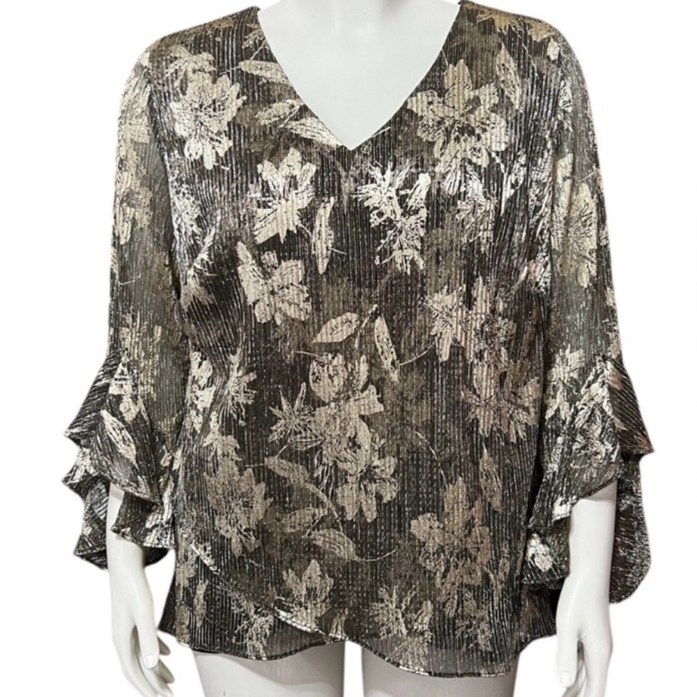 NEW Vince Camuto‎ Black and Gold Ruffle Sleeve Blouse Size XS